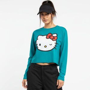 Hello Kitty Blue Graphic Print Long Sleeve Cropped Cotton T Tee Shirt L